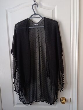 Black Sheer Dot Kimono Swim Cover Up with Pom Pom Trim